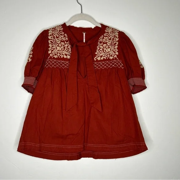 Free People Dreaming About You Baby Doll Blouse Embroidered Boho Size Small - Picture 5 of 13